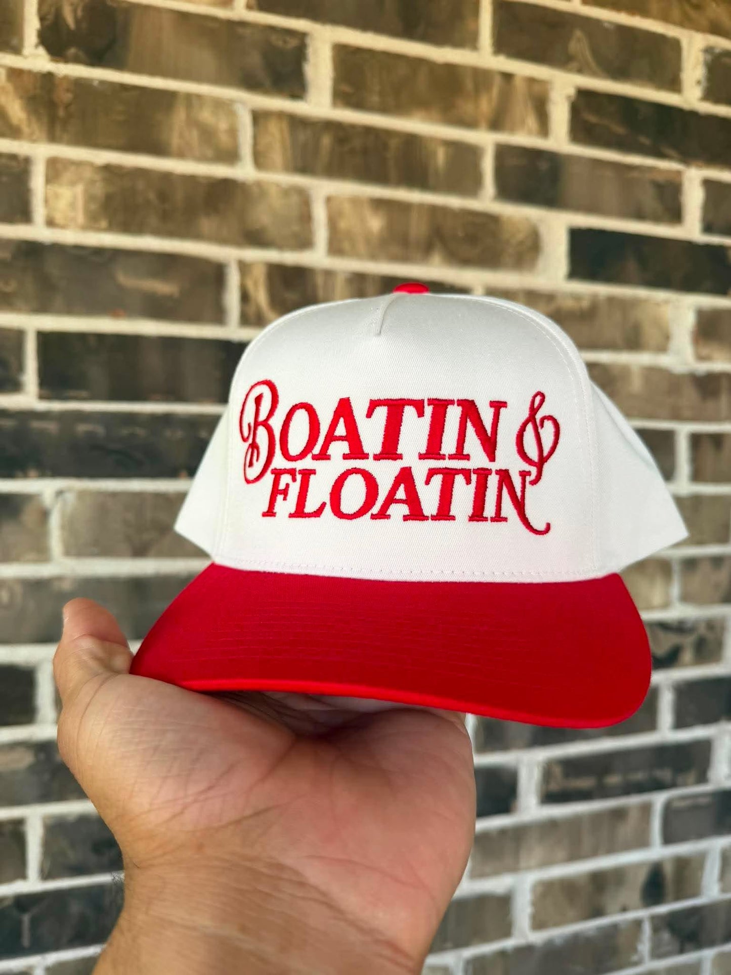 Red Boatin' & Floatin' Embroidered Snapback Hat | Lake Life Trucker Cap