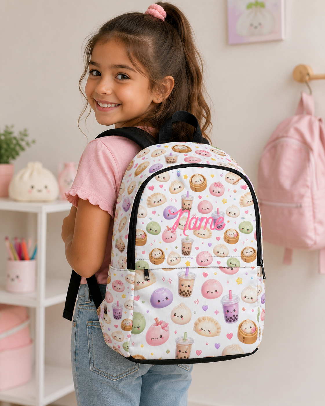 Kawaii Boba & Dumpling Cute Backpack — Pastel Bubble Tea Print School Bag