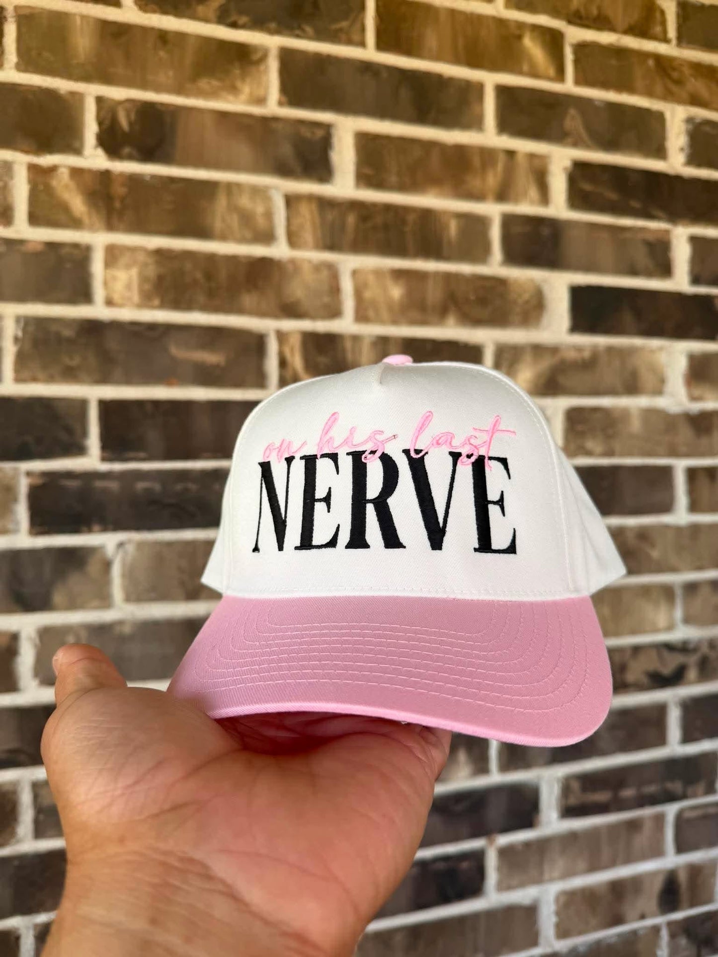 On His Last Nerve Pink Embroidered Snapback Hat | Funny Wife Trucker Cap