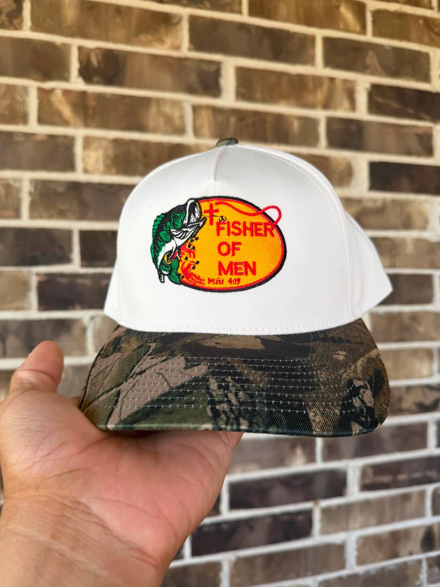 Fisher of Men Embroidered Snapback Hat | Camo Brim Christian Fishing Cap